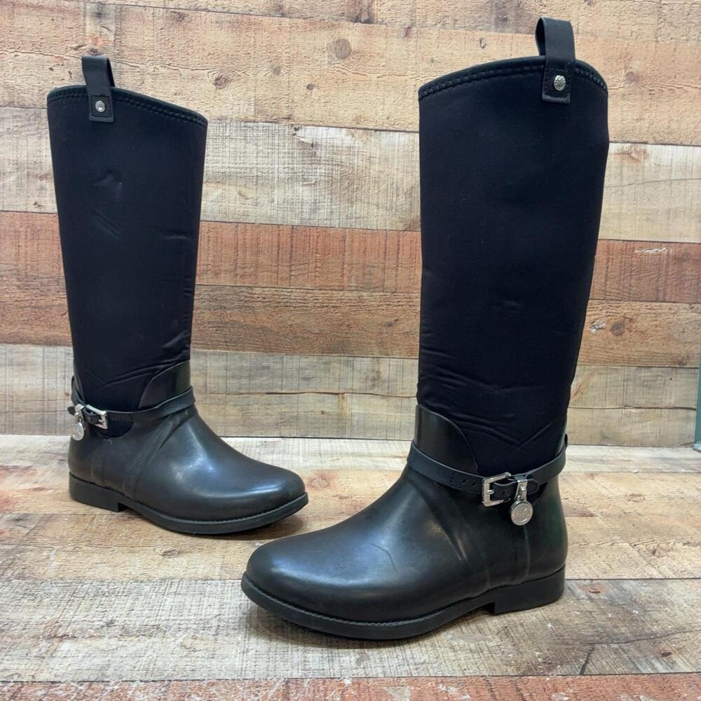 Michael Kors Rain Boots Womens Size 7 Black Rubber Tall Knee High Logo Buckle